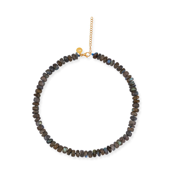 A beaded labradorite statement necklace with a gold plated sterling silver closure, displayed on a loop.