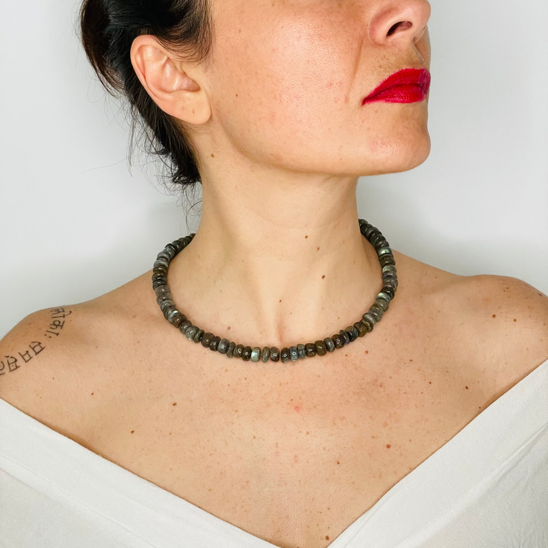 Transformation Beaded Labradorite Statement Necklace on model wearing a v shaped white shirt
