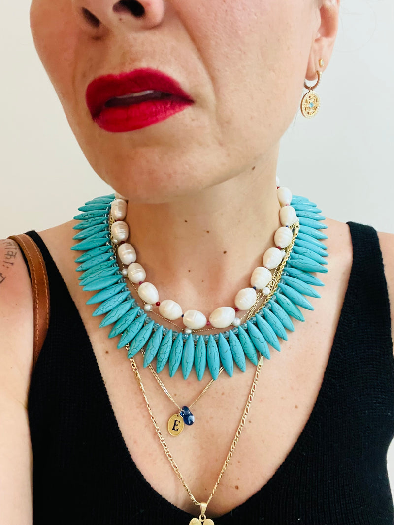 Turquoise Thorn Collar Necklace and Maxi Pearl Statement Necklae