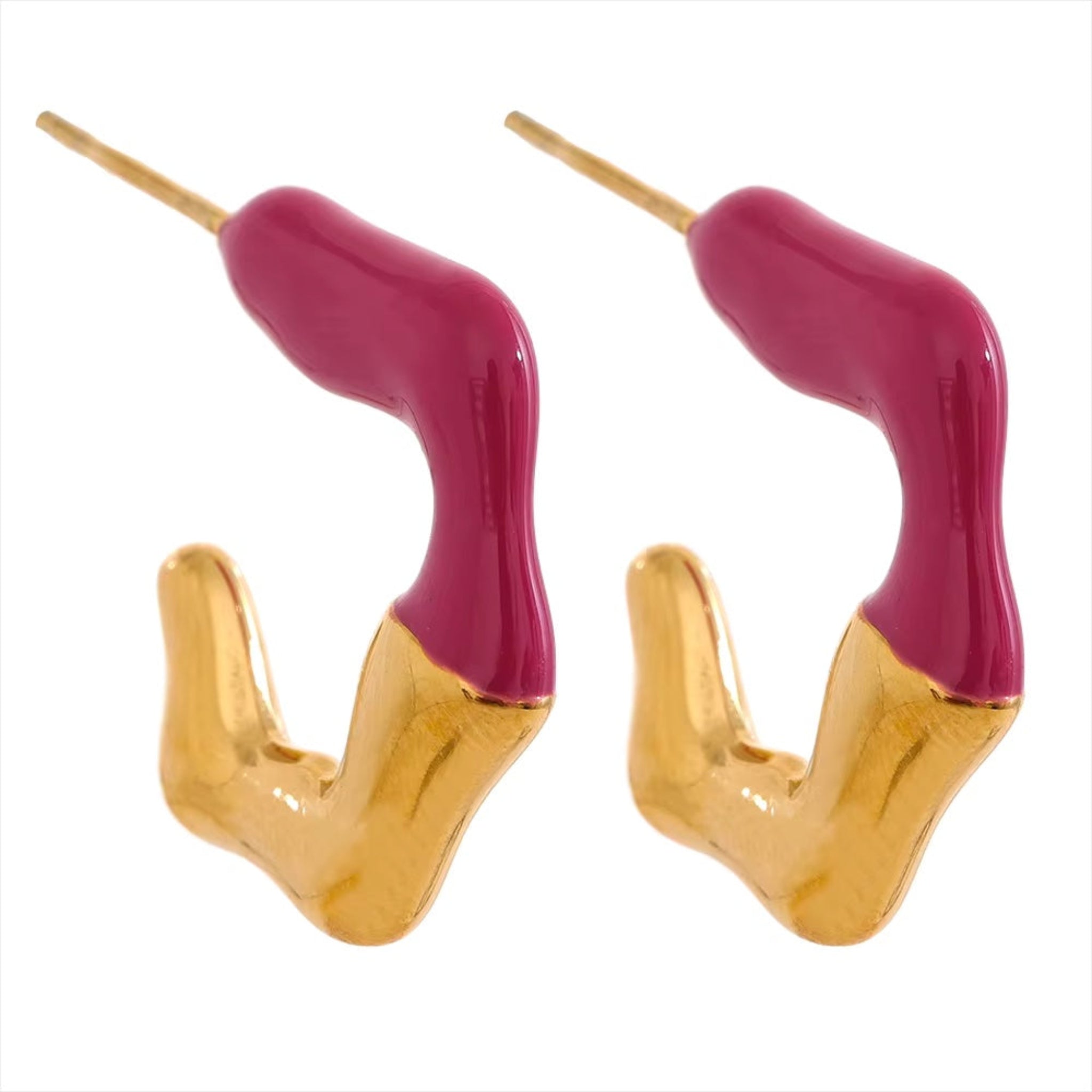 A collection of colorful enamel stud earrings in gold-plated sterling silver, displayed in a radiating pattern on a light background.