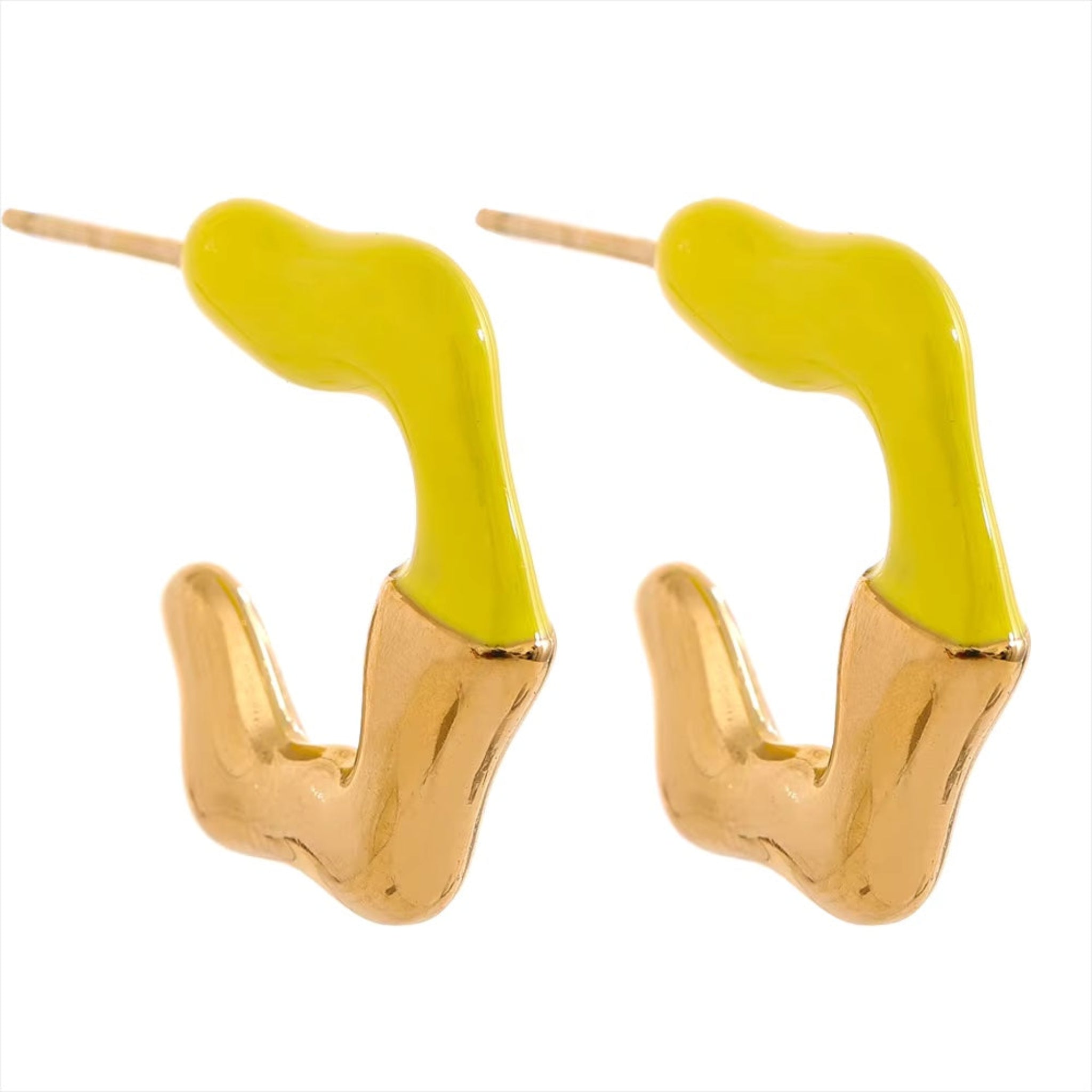 A collection of colorful enamel stud earrings in gold-plated sterling silver, displayed in a radiating pattern on a light background.