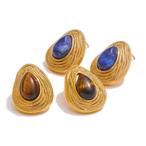 Vintage Drop Stud Tiger's Eye & Lapis Lazuli Earrings