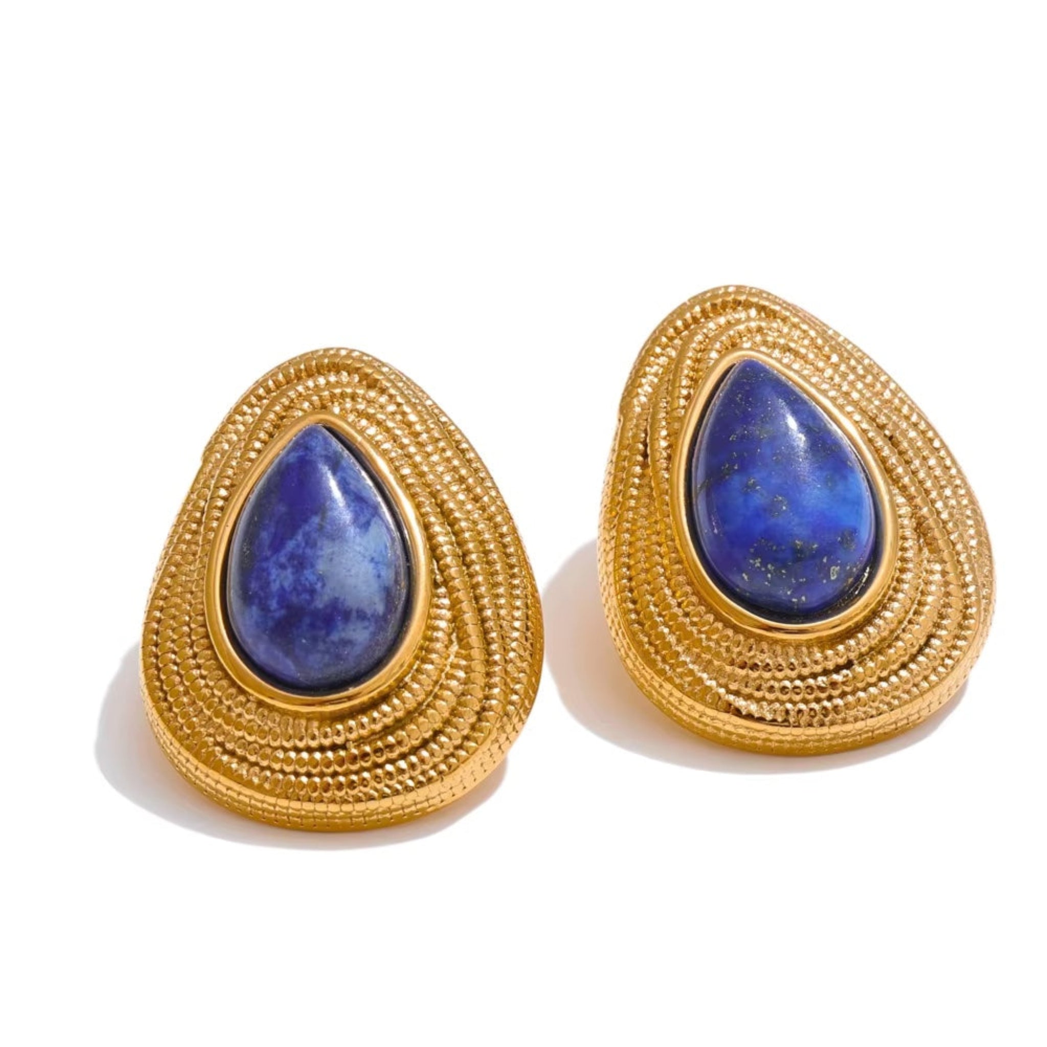 A pair of vintage drop stud earrings with one featuring a Tiger's Eye stone and the other with a Lapis Lazuli stone, both set in gold-plated sterling silver.