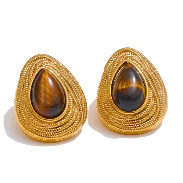 Vintage Drop Stud Tiger's Eye & Lapis Lazuli Earrings