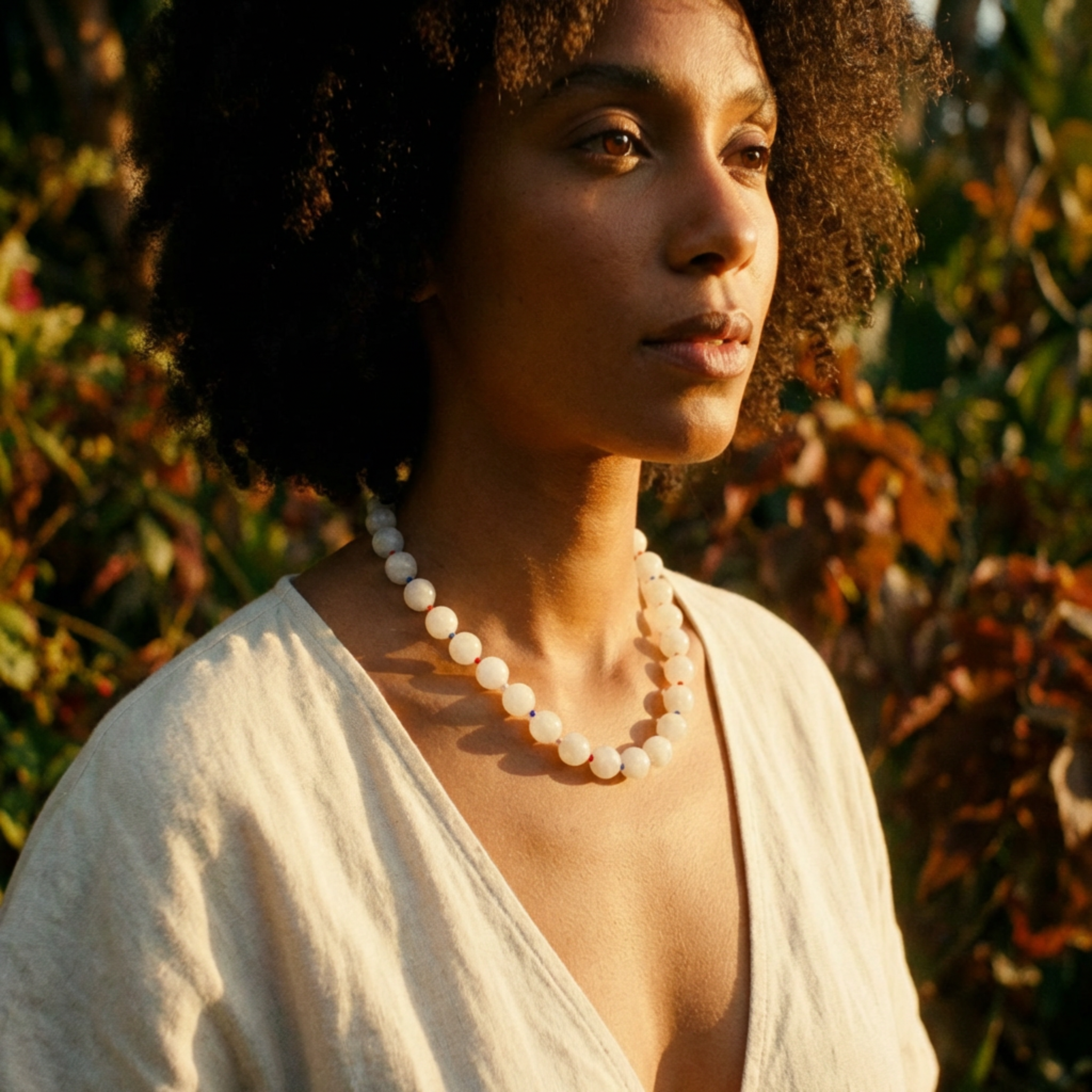 Woman wearing a white top and pearl necklace with a blurred natural background