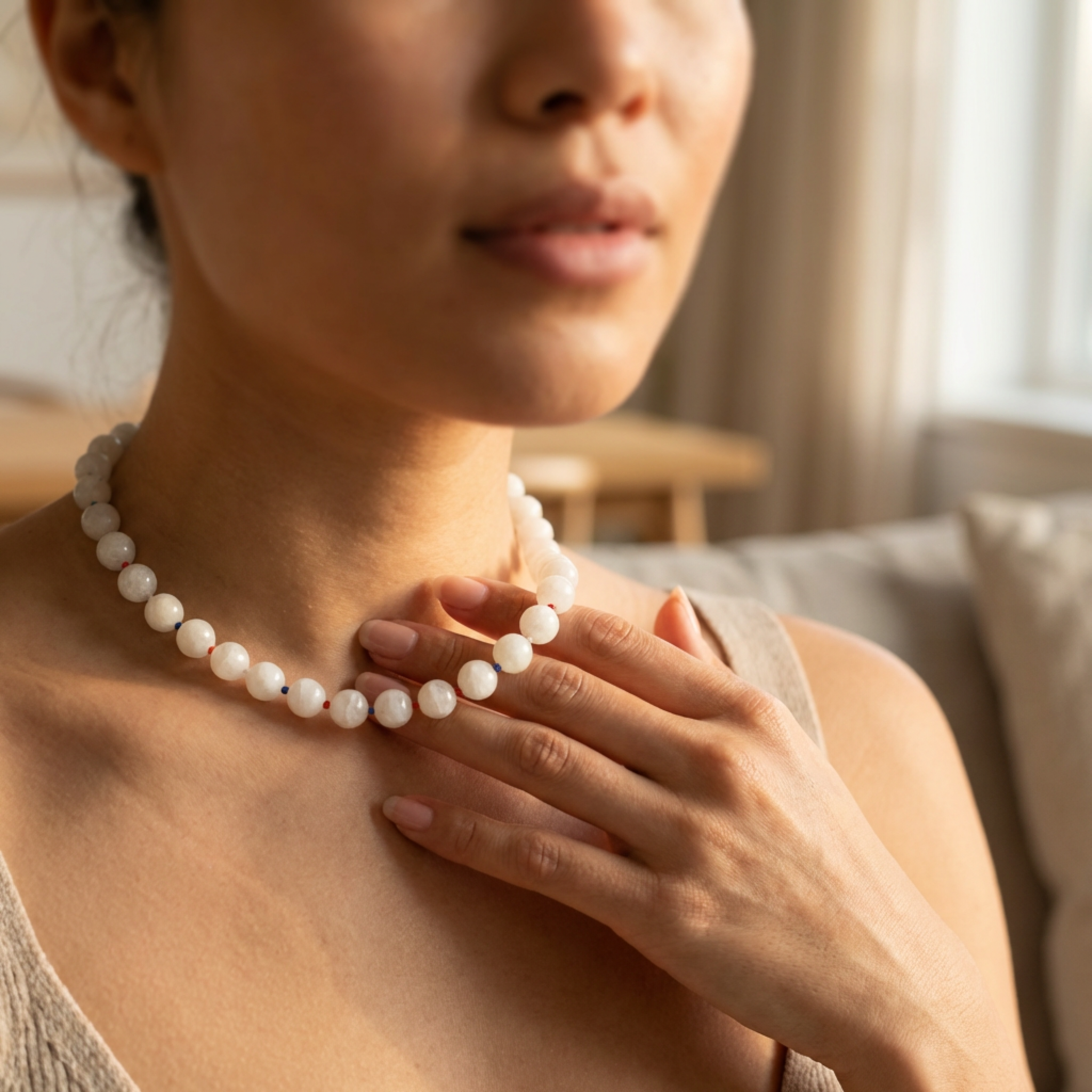 Woman wearing a pearl necklace with a blurred background