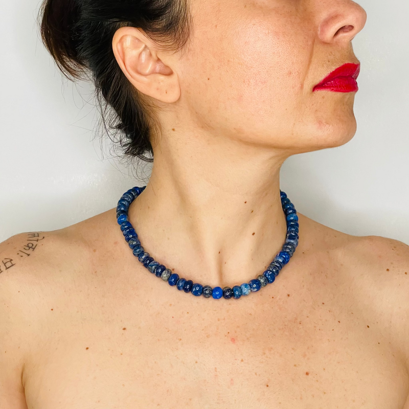 beaded lapis lazuli necklace on model