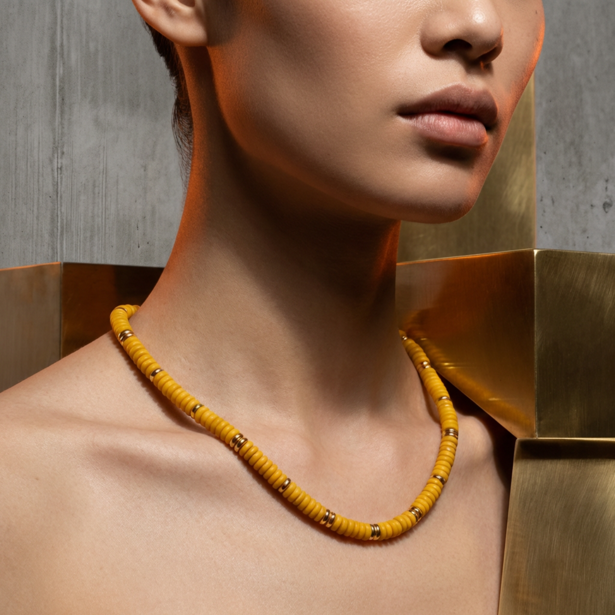 Yellow necklace on closeup image on model