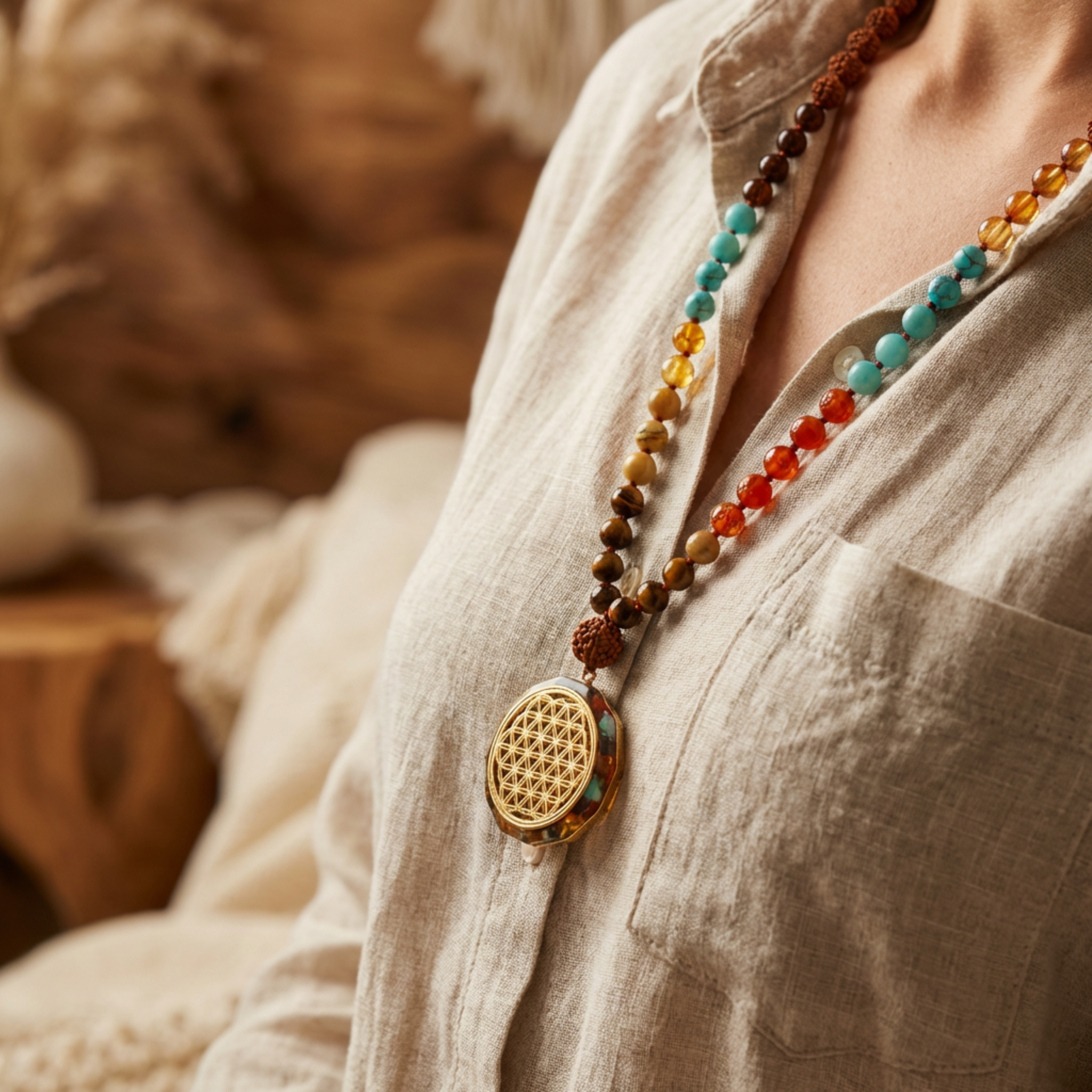 Necklace with multicolored beads and a gold pendant worn by a person in a beige shirt.