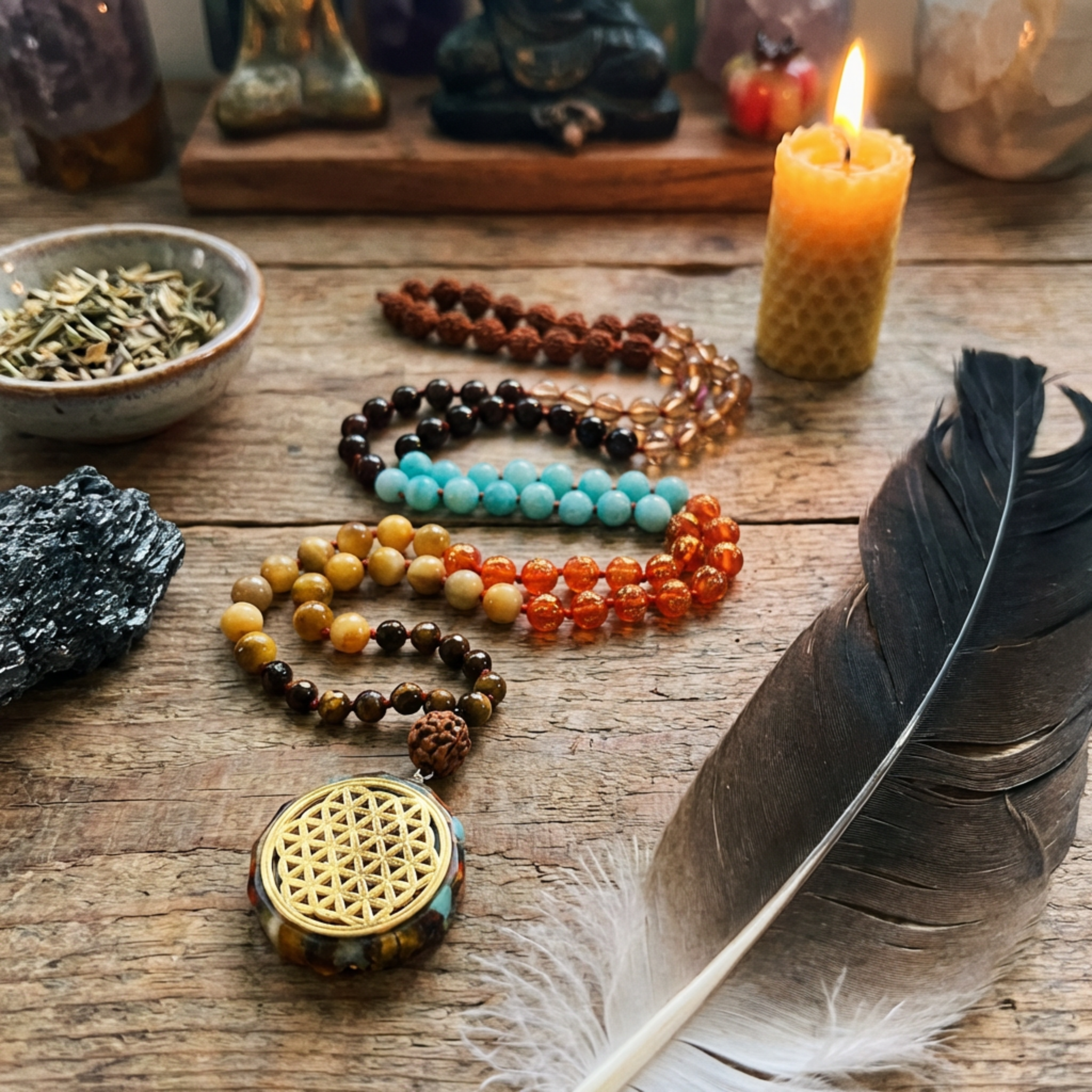 Colorful beaded bracelets on a wooden surface with a candle and feather