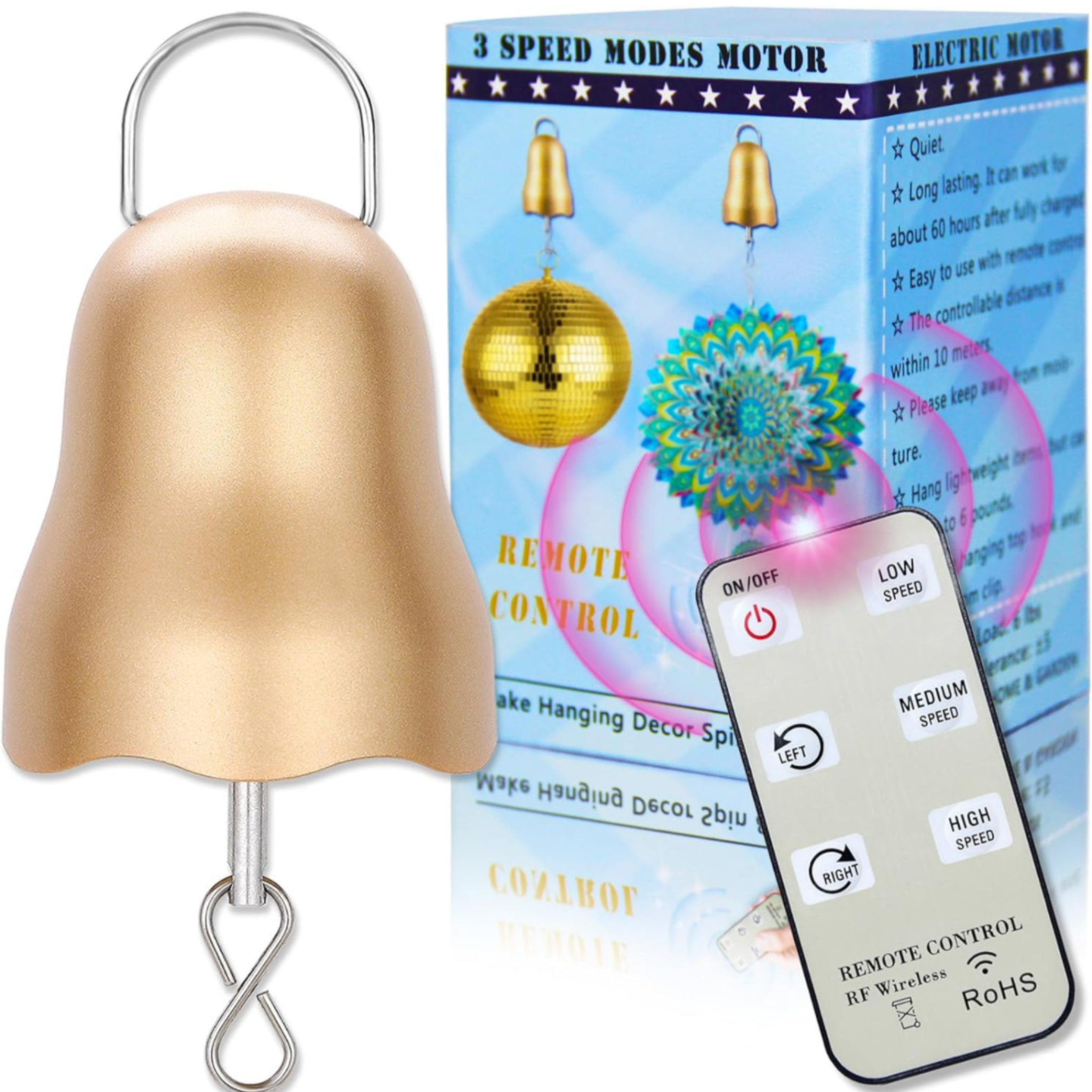 A gold-colored metal wind spinner with a rotating ball design, displayed alongside a remote control and packaging box.