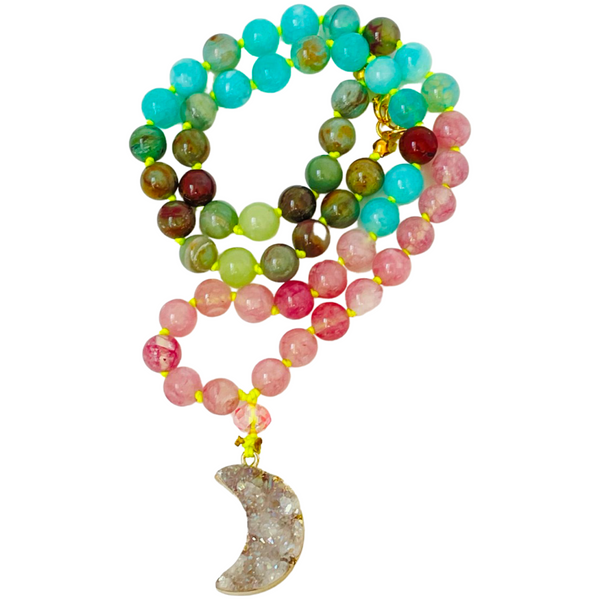 pink blue and green beaded gemstone necklace with crescent pendant
