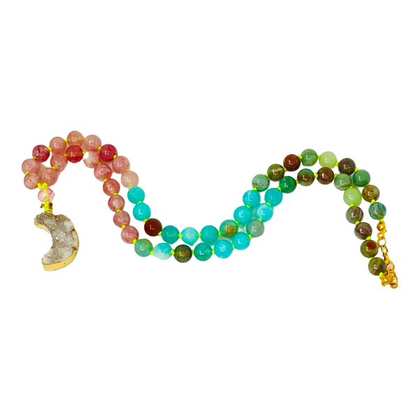 pink blue and green beaded gemstone necklace with crescent pendant