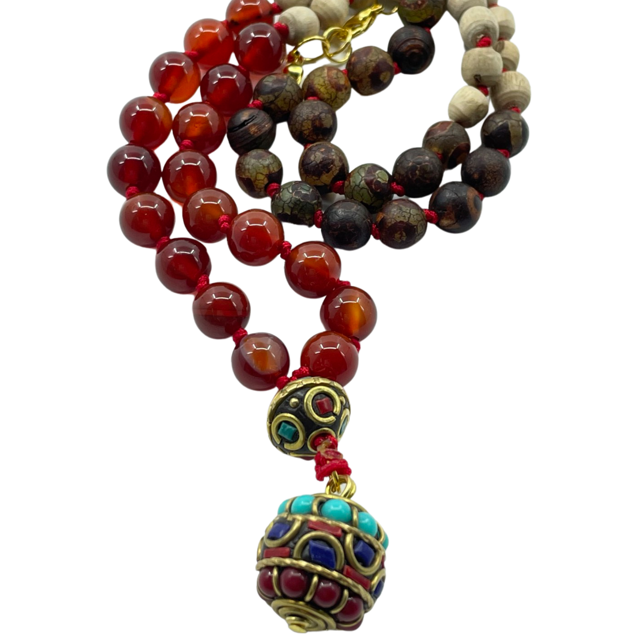 Beaded necklace with colorful pendant on a white background