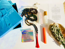 Meditation mala, soy wax candle, sage smudge, abalon shell, meditation oil