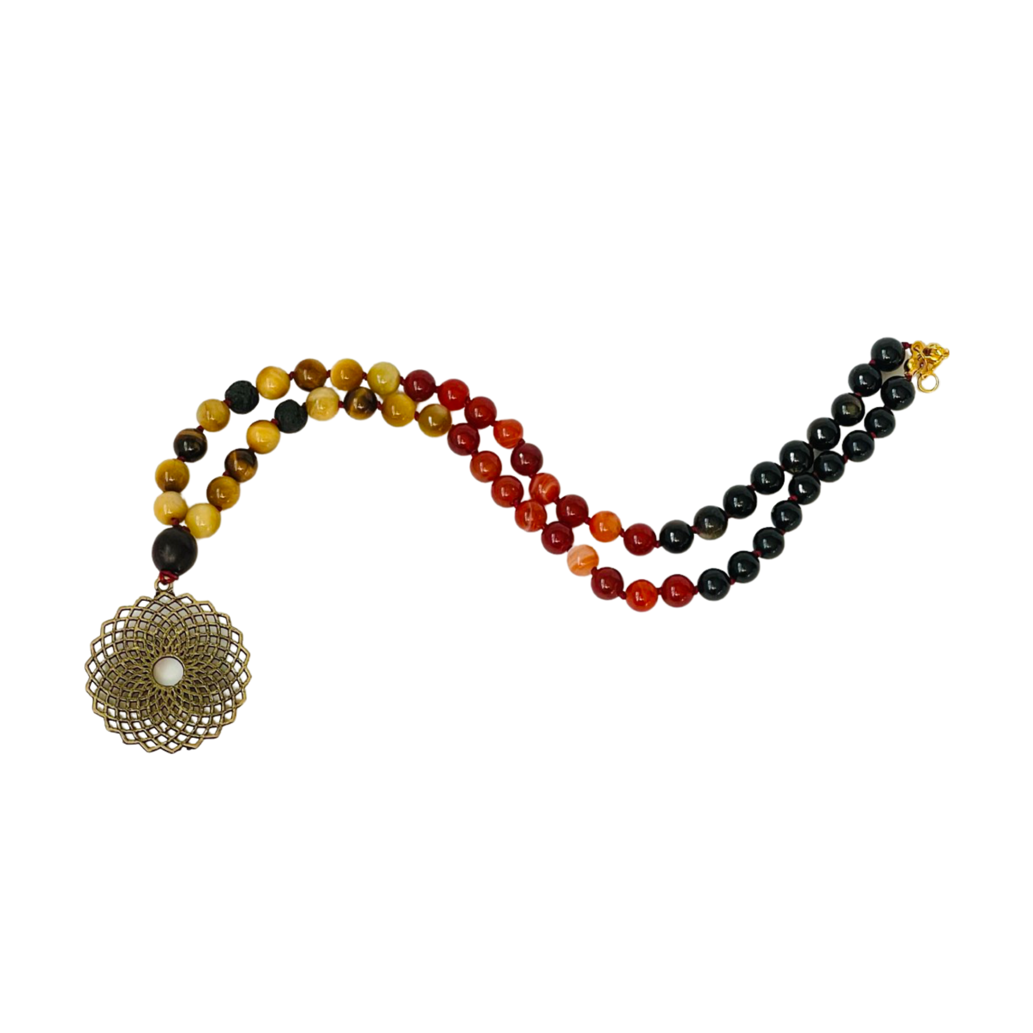 Multicolored beaded necklace with a decorative pendant on a white background