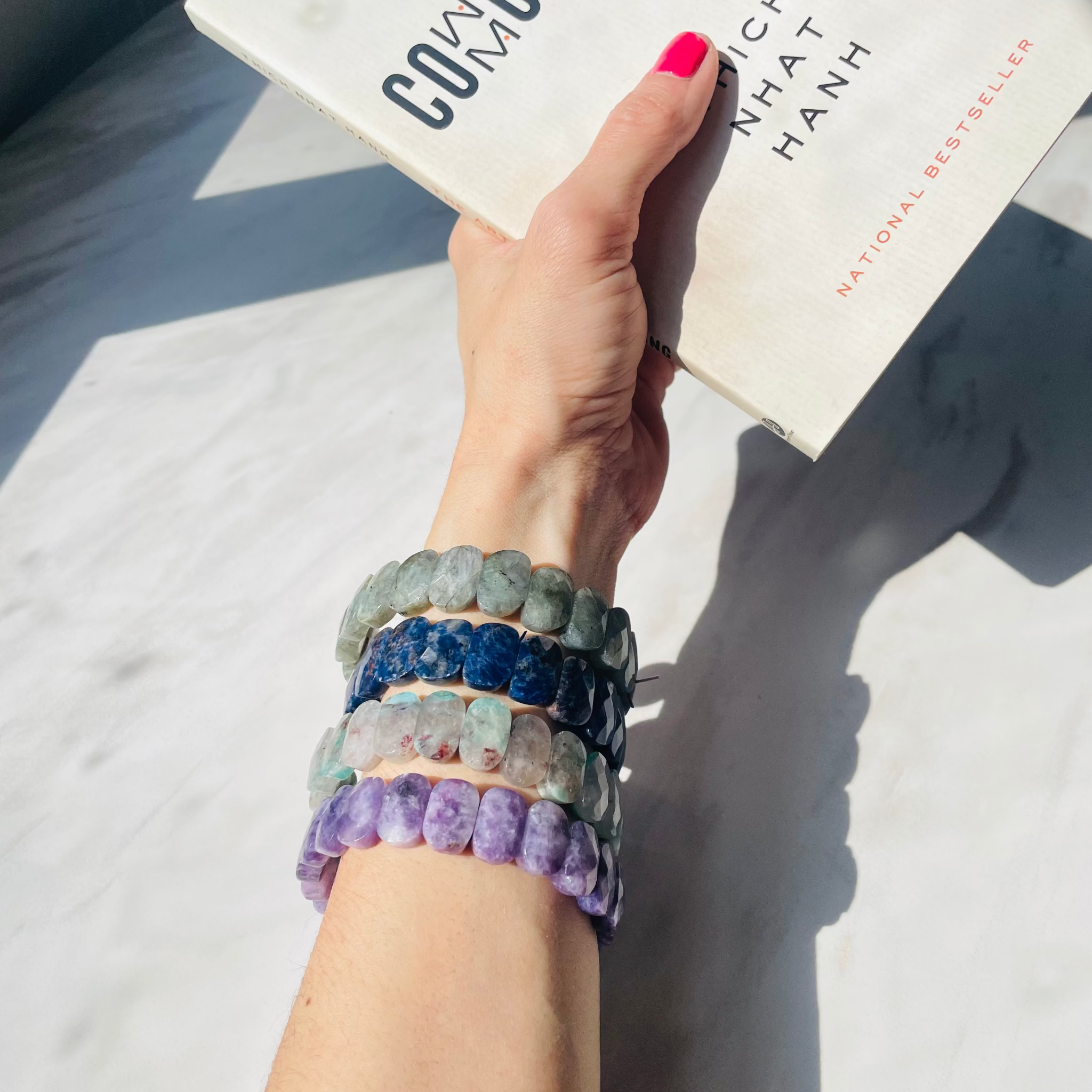 Labradorite Sodalite Amazonite Lepidolite chunky gemstone bracelets displayed on arm